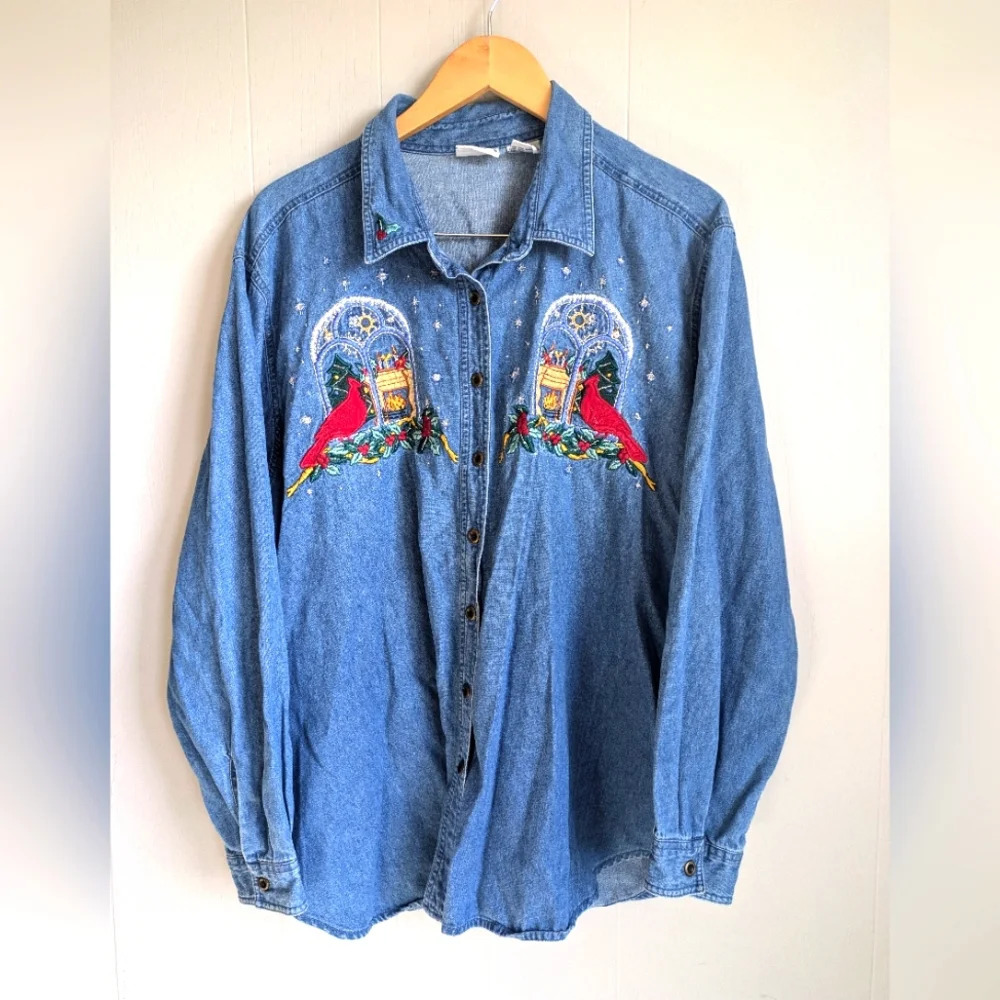 Bobbie Brooks Holiday Denim Shirt‎ size 22 24 3X Button Down Cardinals Christmas